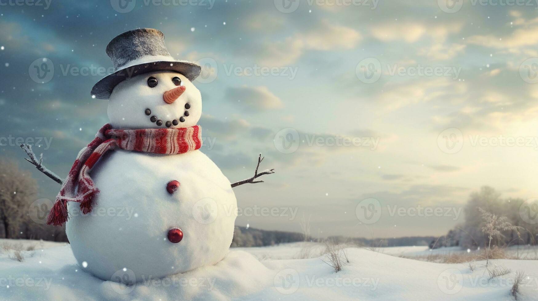 A whimsical scene of a funny snowman with a quirky expression, set against a textured snowy landscape. AI generated photo