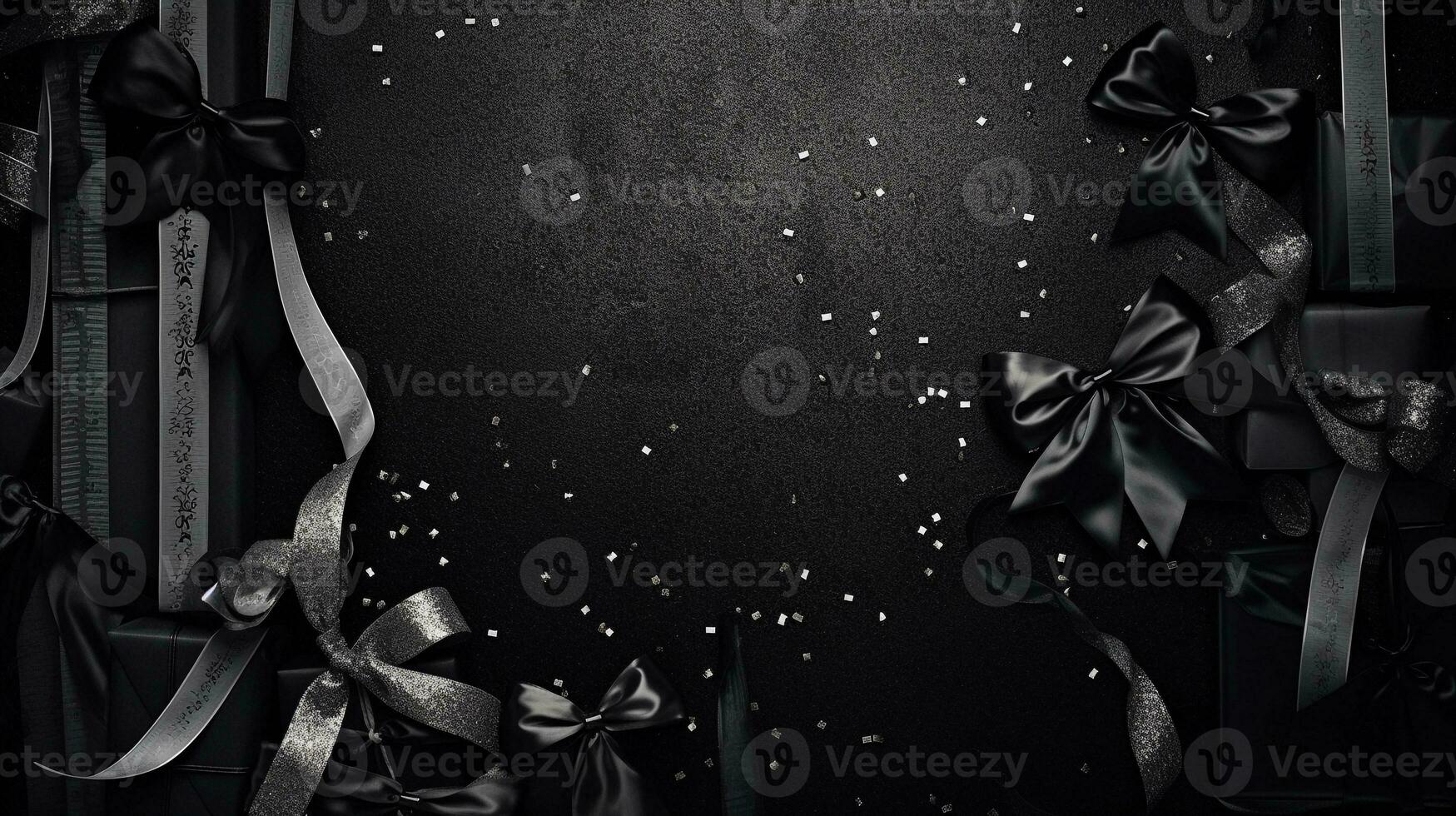An elegant Black Friday arrangement with shopping tags and ribbon accents on a textured black and silver background. AI generated photo