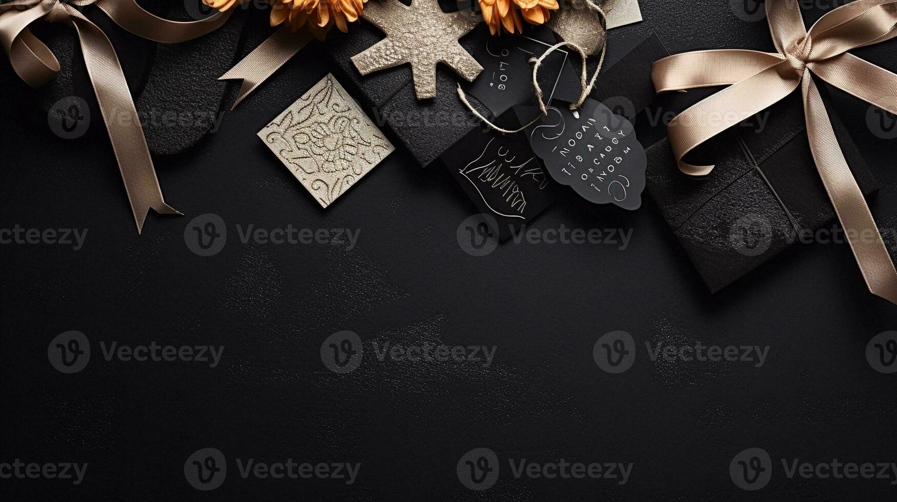 An elegant Black Friday arrangement with shopping tags and ribbon accents on a textured black and silver background. AI generated photo