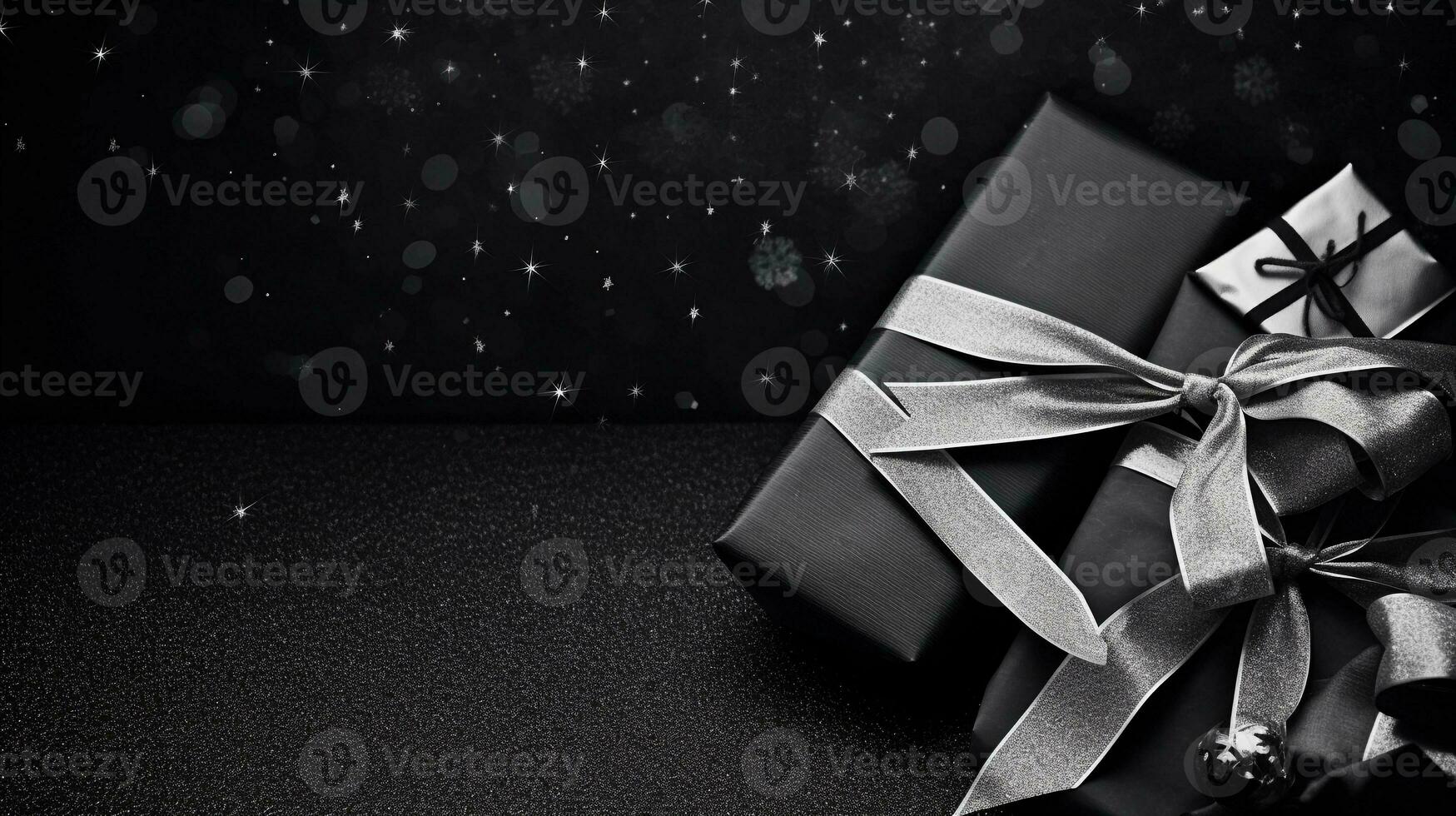 An elegant Black Friday arrangement with shopping tags and ribbon accents on a textured black and silver background. AI generated photo