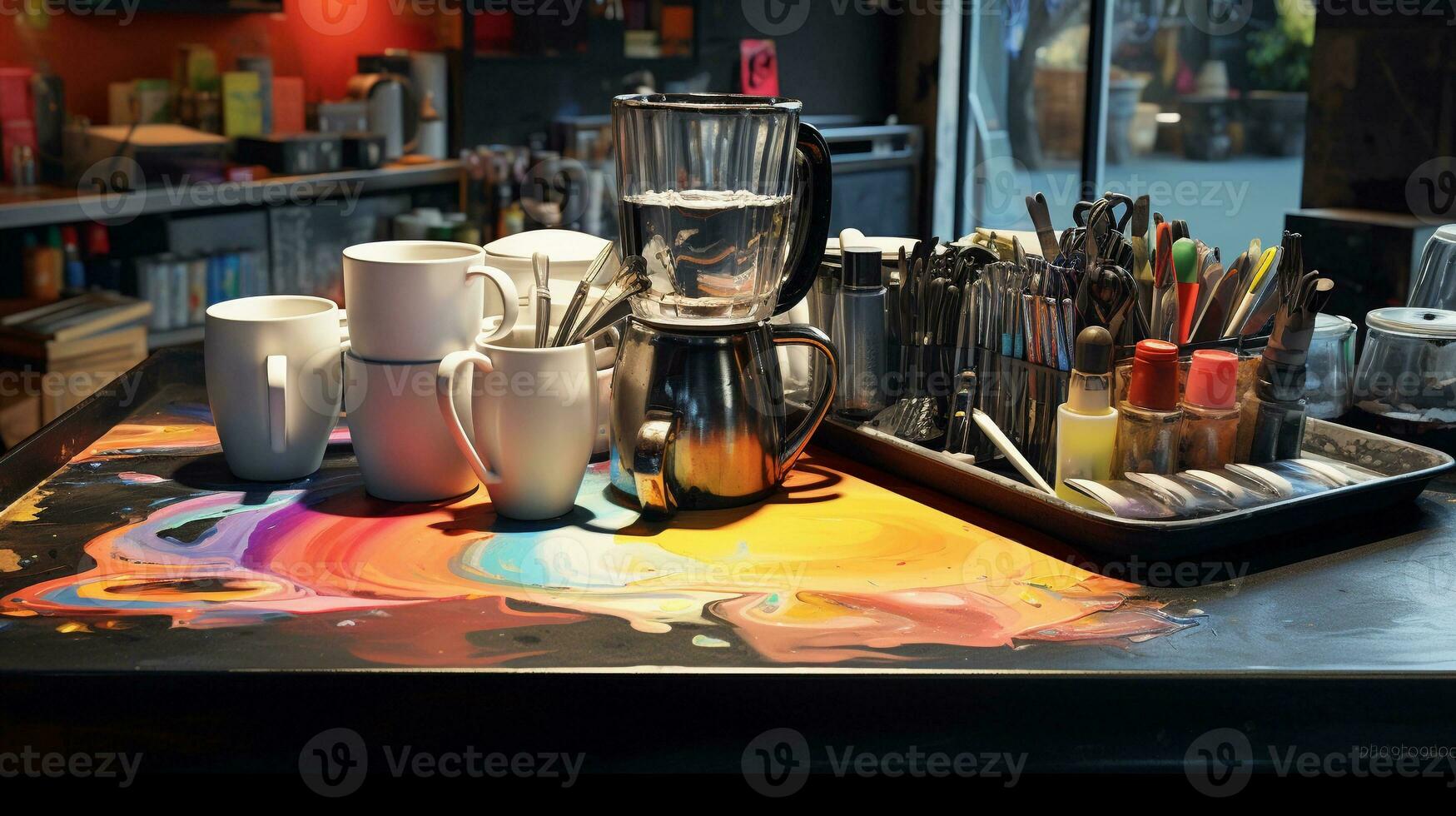 An artsy coffee shop with colorful artwork, a textured countertop, and barista tools. The creative ambiance is suitable for highlighting your coffee shop's artistic touches. AI generated photo