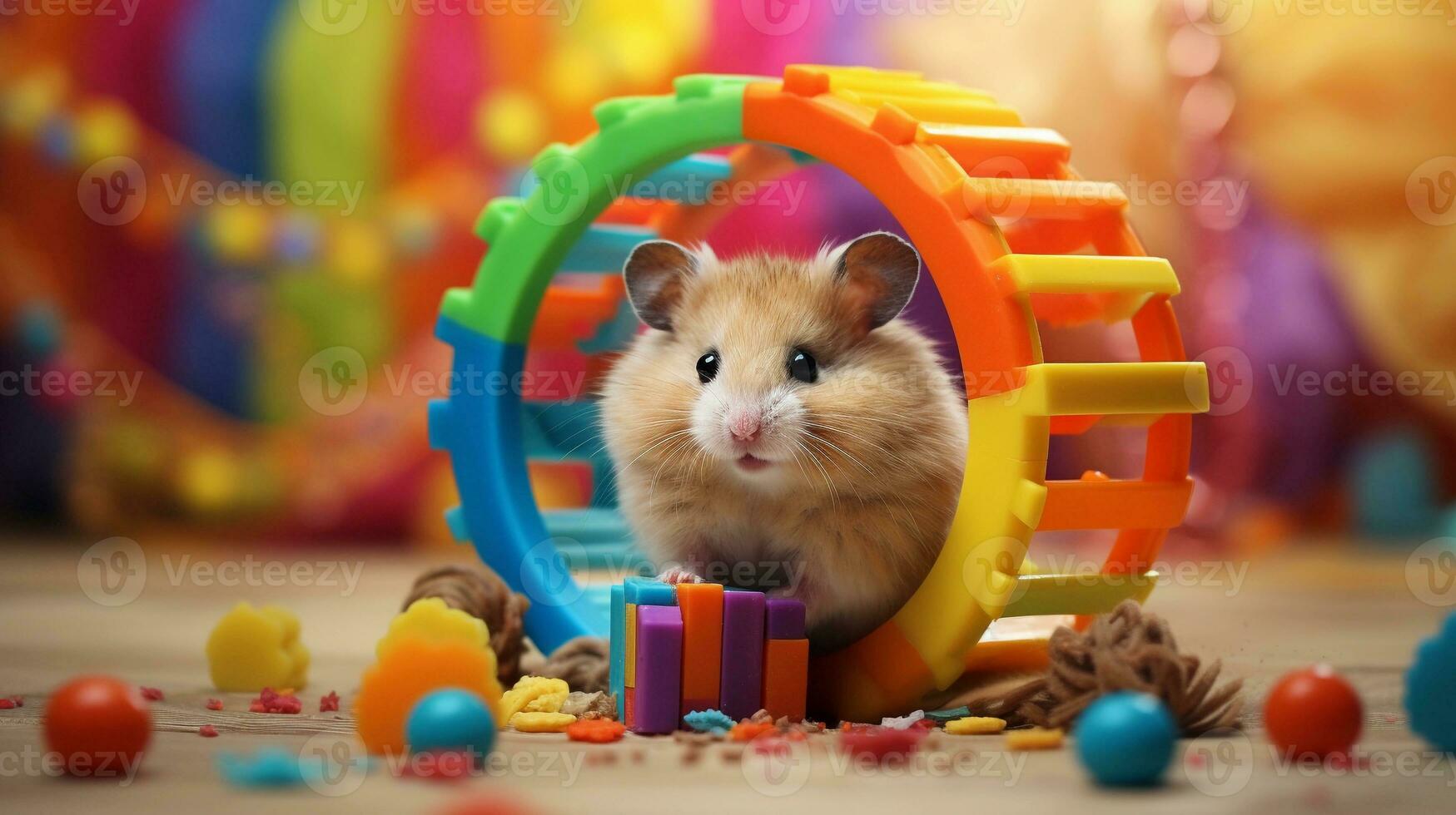 A composition of a cute hamster within its habitat with space for text, such as a colorful cage or exercise wheel, against a textured, vibrant backdrop. AI generated photo