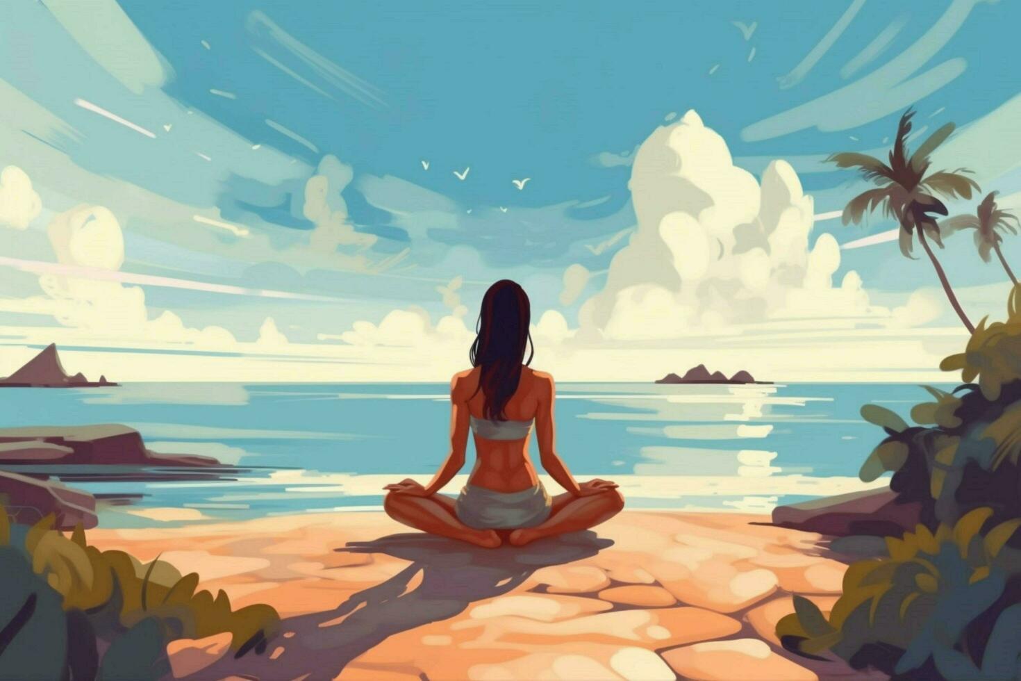 at the seashore a woman practices yoga illustrati photo