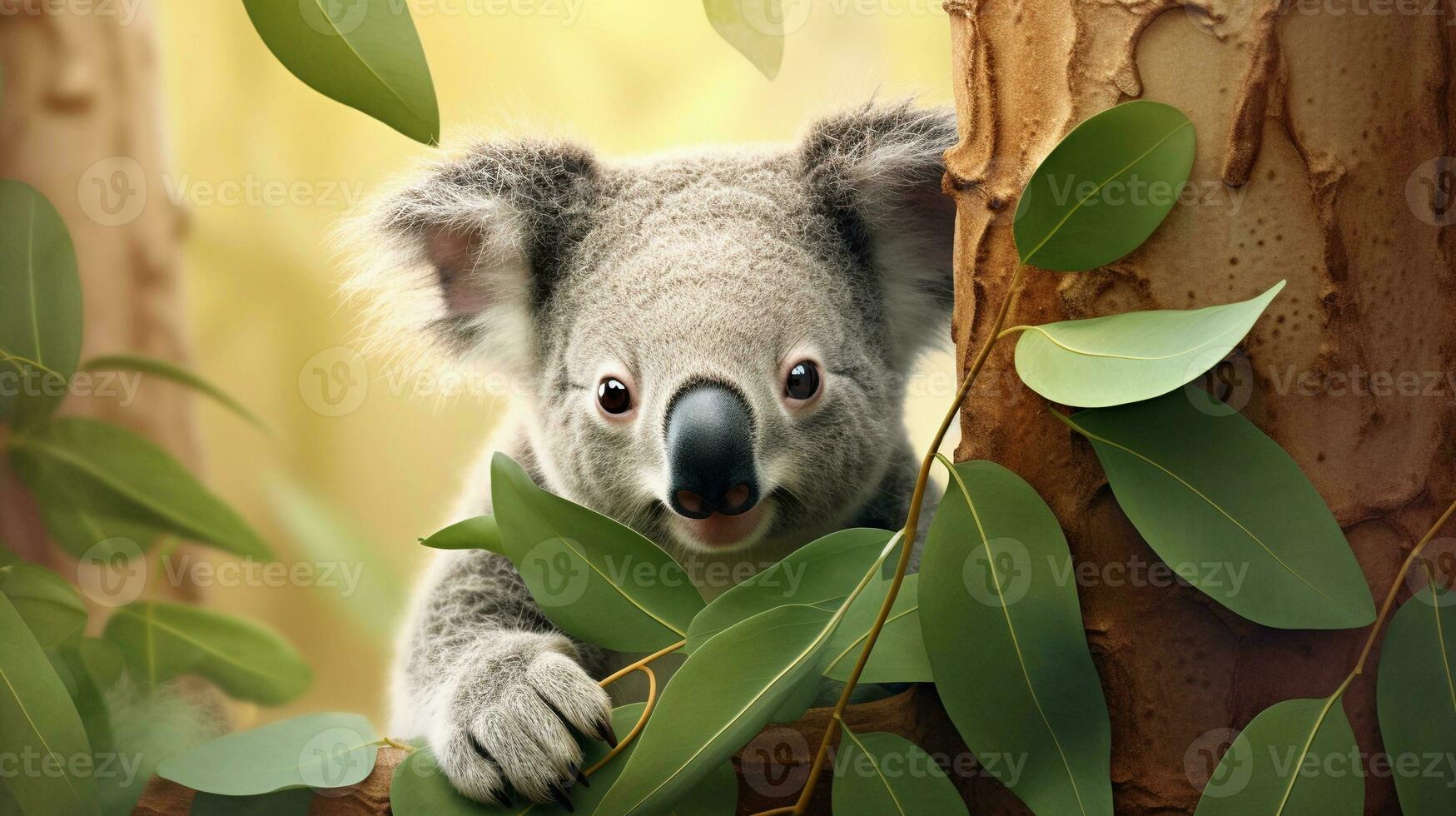 An adorable koala nestled among the eucalyptus leaves, with textured branches in the background, providing room for text integration. AI generated photo