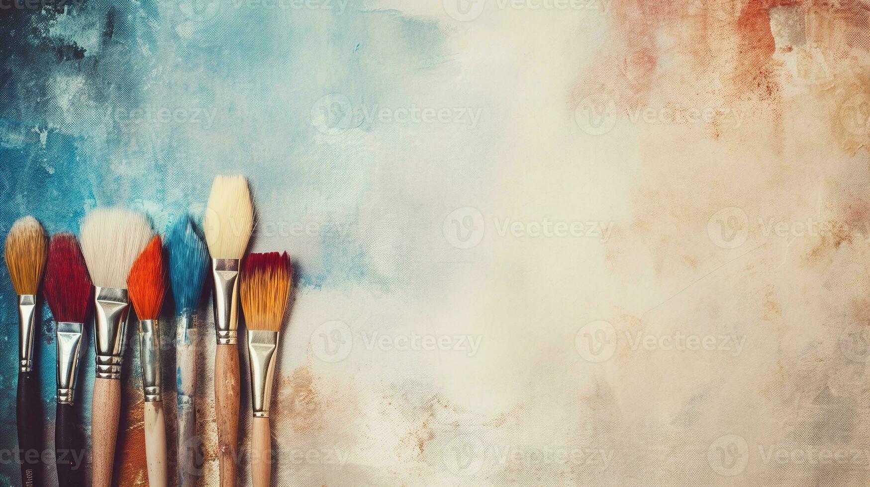 An arrangement of watercolor brushes artistically arranged on a textured canvas with space for text, offering space for text to emphasize the tools of artistic expression. AI generated photo