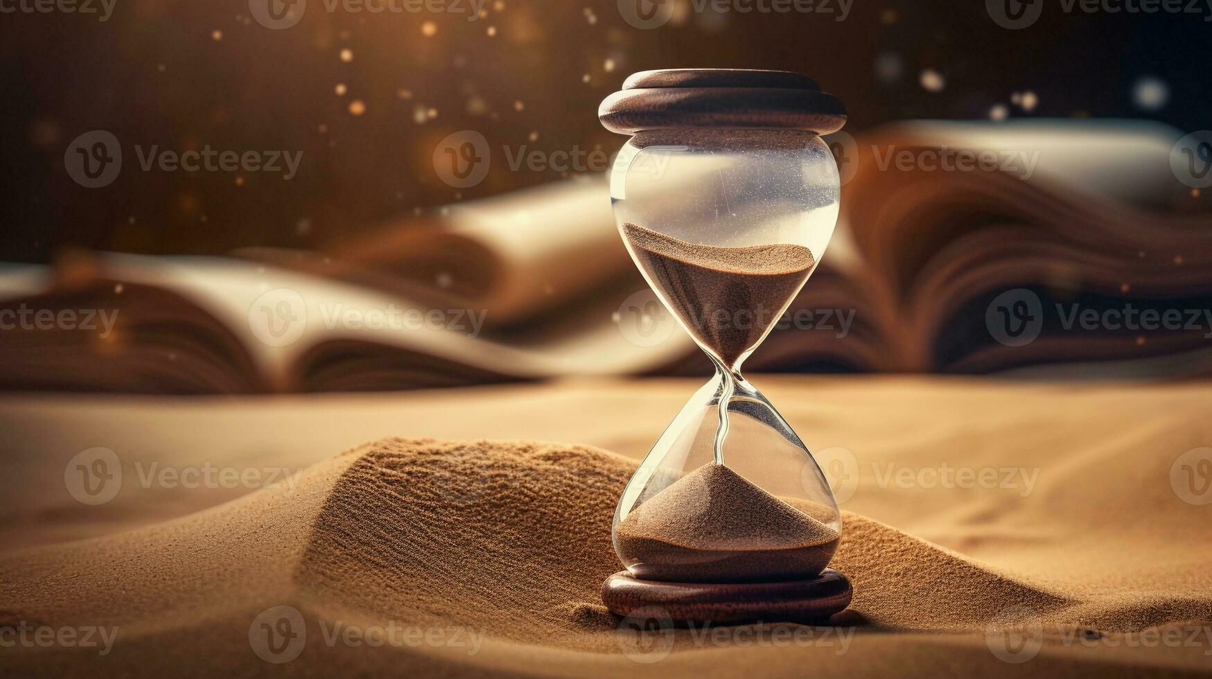 An hourglass filled with sand with space for text, placed on an aged parchment or book pages. AI generated photo