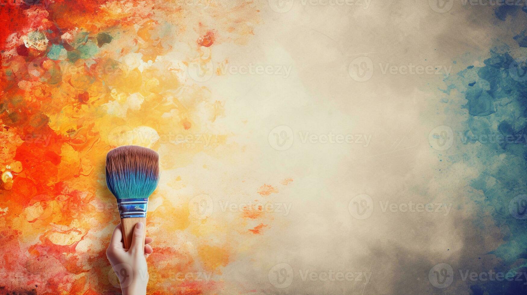 An image capturing a hand holding a watercolor brush above a palette of vibrant colors on a textured background with space for text, symbolizing the endless possibilities of painting. AI generated photo