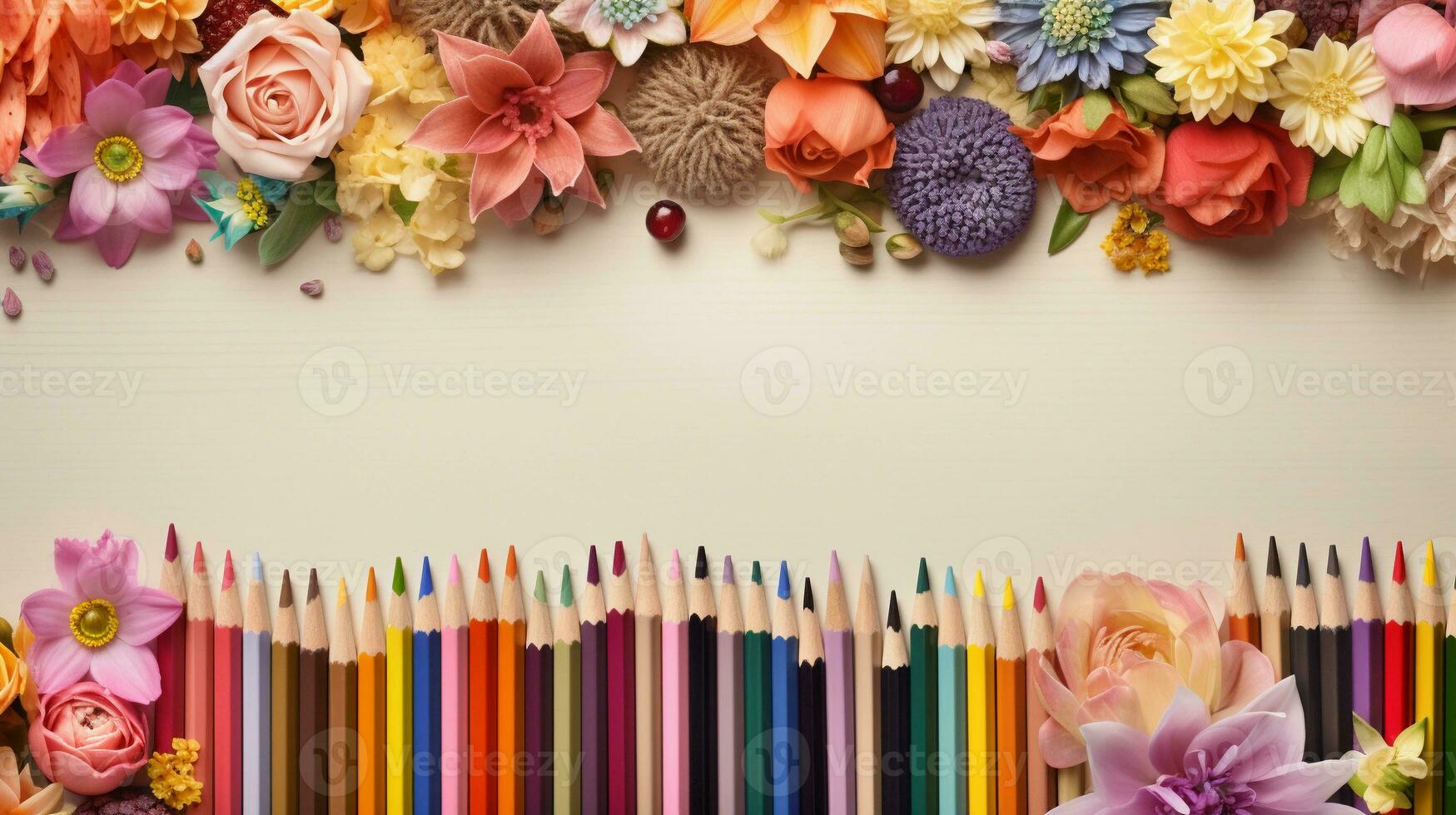 An image featuring color pencils artistically arranged among various types of flowers with space for text in light brown wooden background. AI generated photo