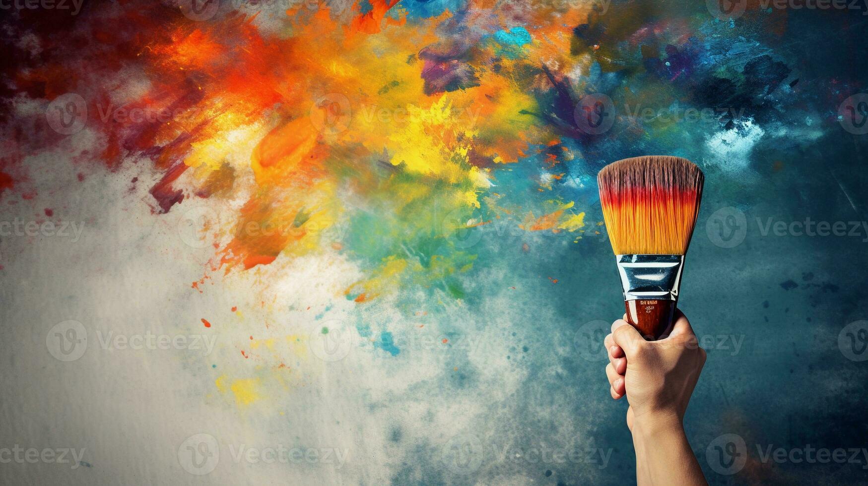 An image capturing a hand holding a watercolor brush above a palette of vibrant colors on a textured background with space for text, symbolizing the endless possibilities of painting. AI generated photo