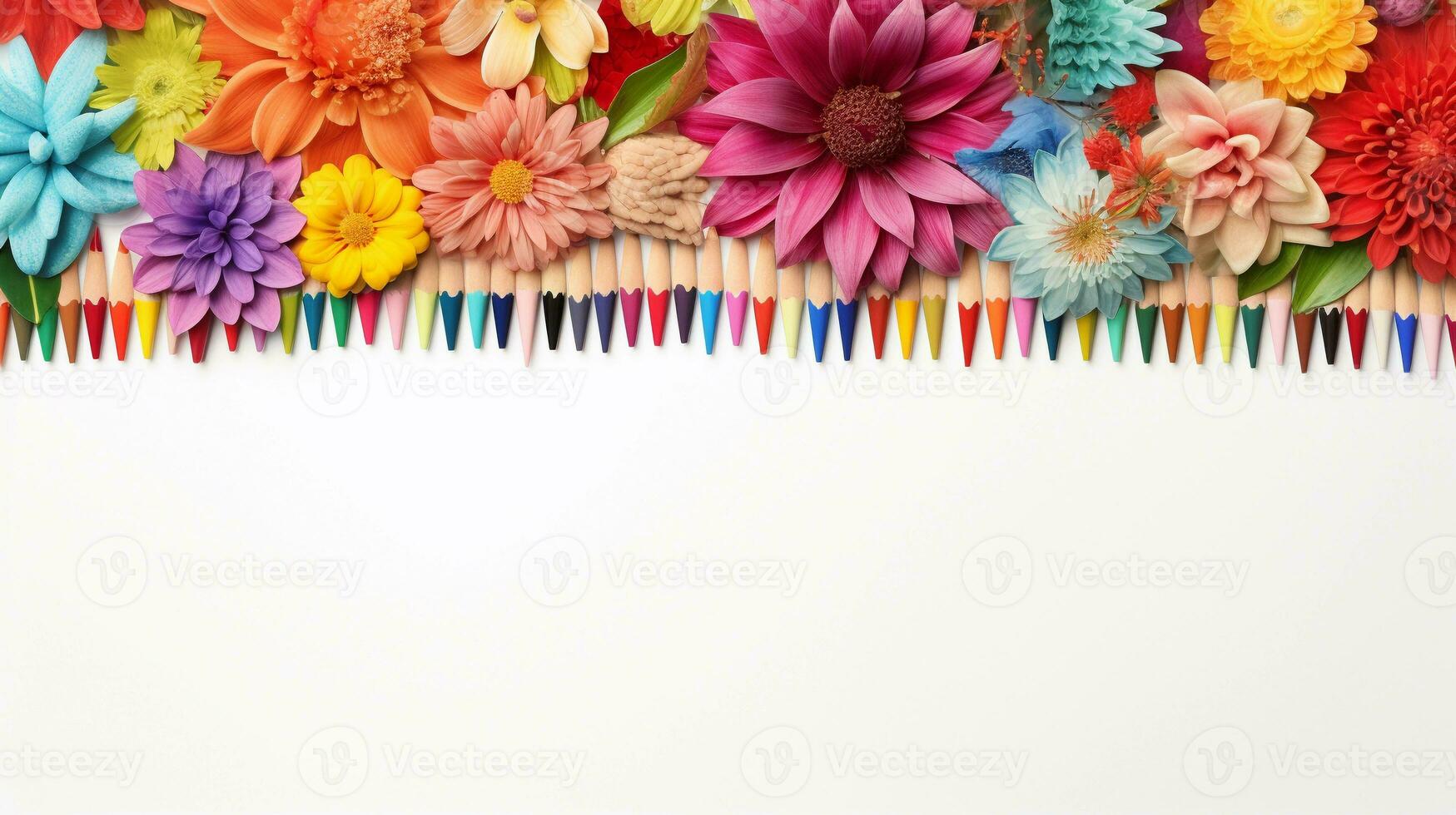 An image featuring color pencils artistically arranged among various types of flowers with space for text in light brown wooden background. AI generated photo