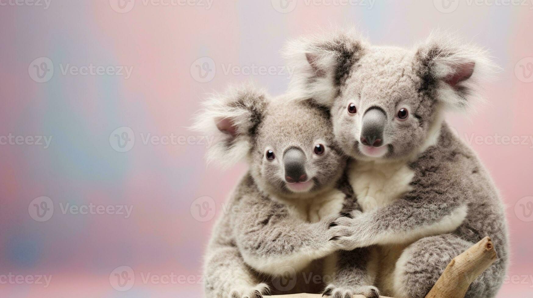 An image of two cute koalas with space for text, possibly in an affectionate or playful interaction, against a soft pastel background. AI generated photo