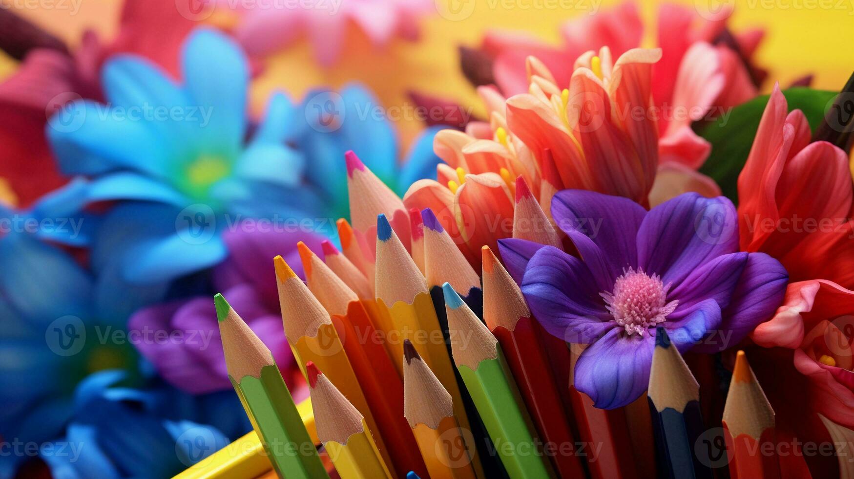 Color pencils forming a vibrant bouquet of colors amidst a garden of colorful flowers with space for text, creating a visually pleasing contrast of man-made and natural beauty. AI generated photo