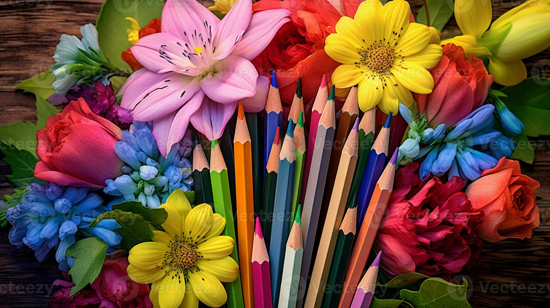 Color pencils forming a vibrant bouquet of colors amidst a garden of colorful flowers with space for text, creating a visually pleasing contrast of man-made and natural beauty. AI generated photo