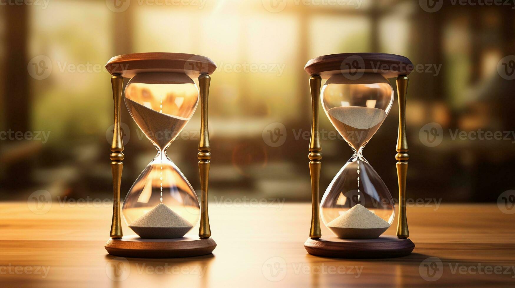 Two hourglasses, one filled and one empty, placed side by side, symbolizing the urgency of time and the need for action.AI generated photo