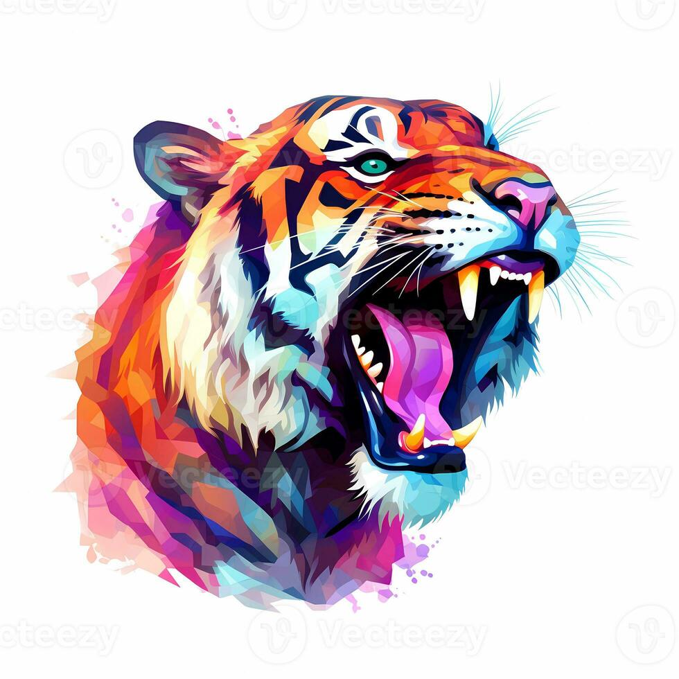 Illustration of a roaring tiger, pastel tetradic colors style, cute and quirky, fantasy art, watercolor effect, white background. AI generated photo