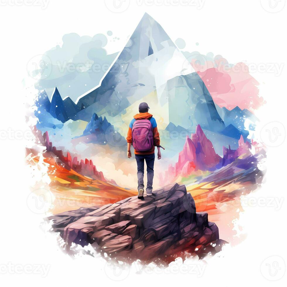 Illustration of hiking, pastel tetradic colors, cute and quirky, fantasy art, watercolor effect, white background. AI generated photo