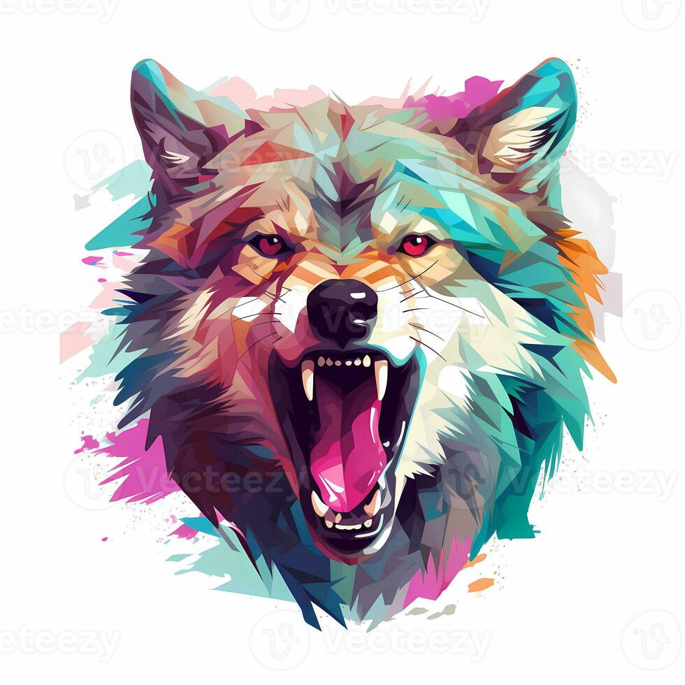 Illustration of a roaring wolf, pastel tetradic colors, cute and quirky, fantasy art, watercolor effect, white background. AI generated photo