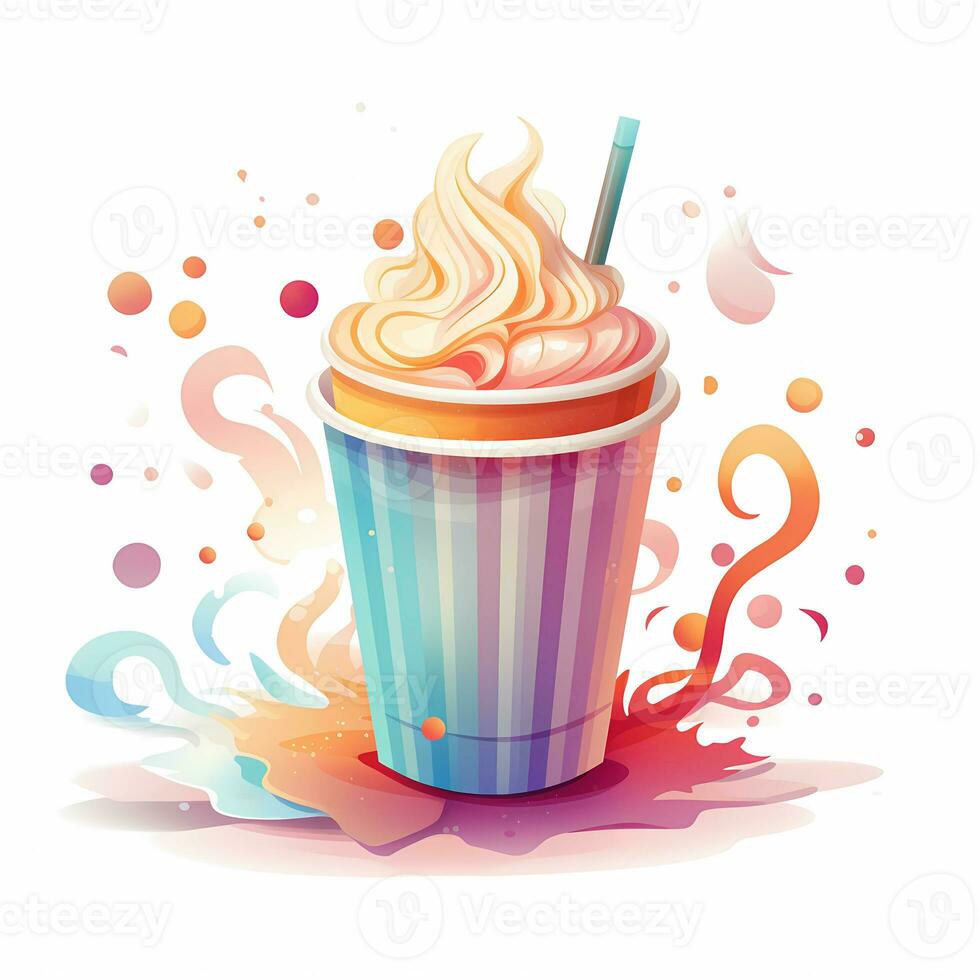 Illustration of hot coffee, pastel tetradic colors, cute and quirky, fantasy art, watercolor effect, white background. AI generated photo