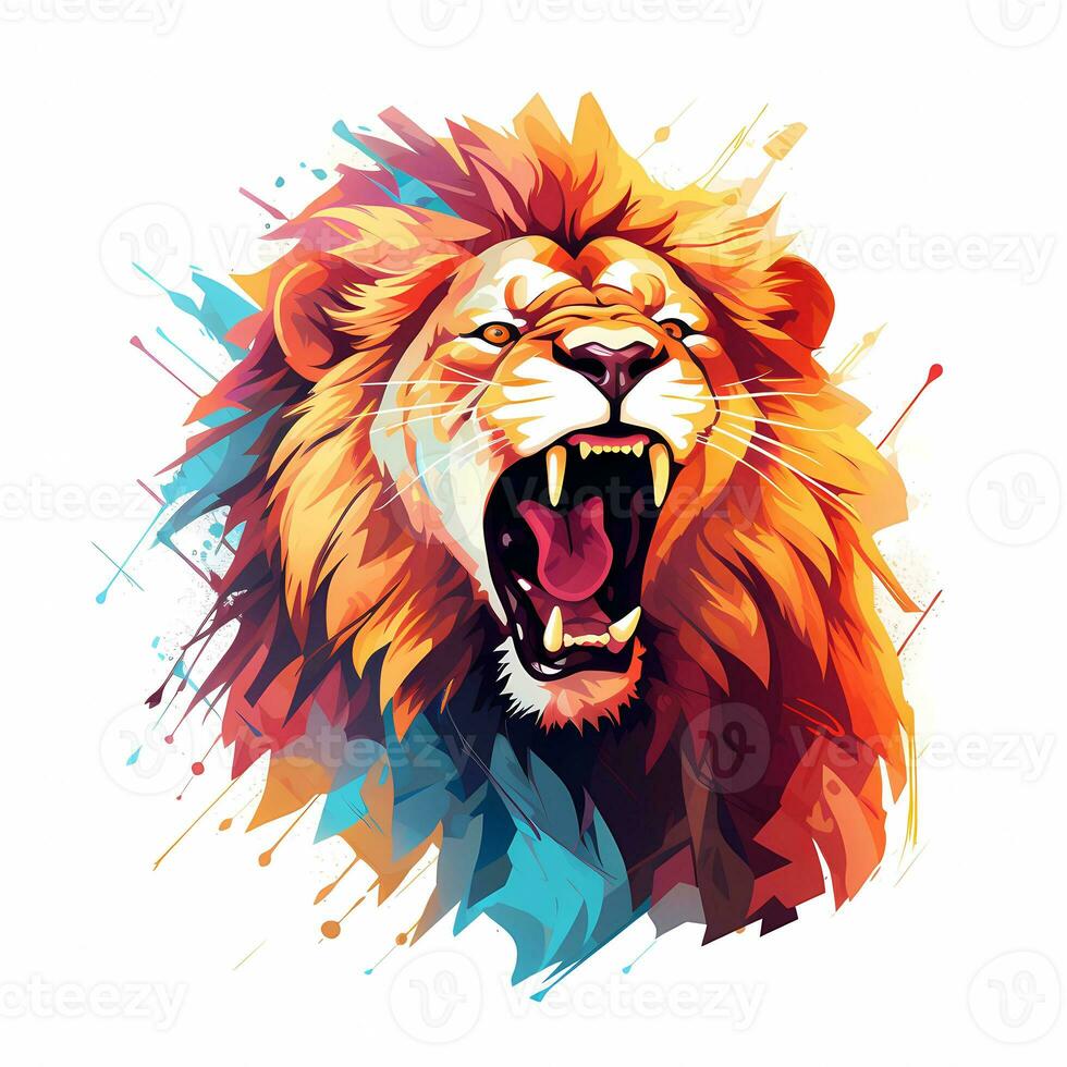 Illustration of a roaring lion, pastel tetradic colors style, cute and quirky, fantasy art, watercolor effect, white background. AI generated photo