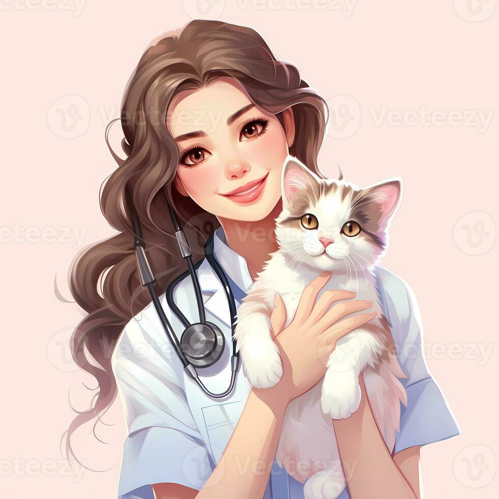 Illustration of nurse holding a cat, pastel tetradic colors, cute and quirky, fantasy art, watercolor effect, white background. AI generated photo
