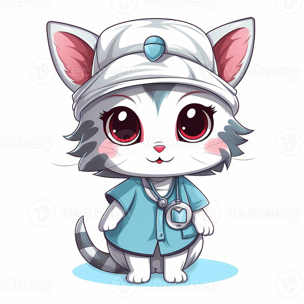 camiseta diseño de un linda gato vistiendo enfermero sombrero, dibujos animados estilo, blanco antecedentes. ai generado foto