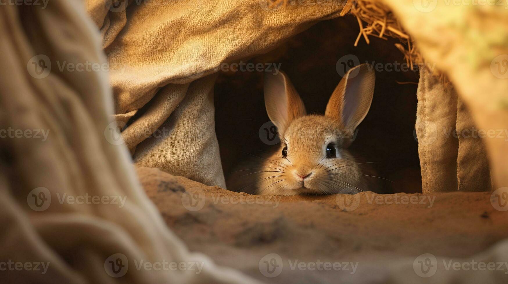 A charming scene of a cute rabbit nestled in a cozy burrow with space for text, with textured earthy tones in the background. AI generated photo
