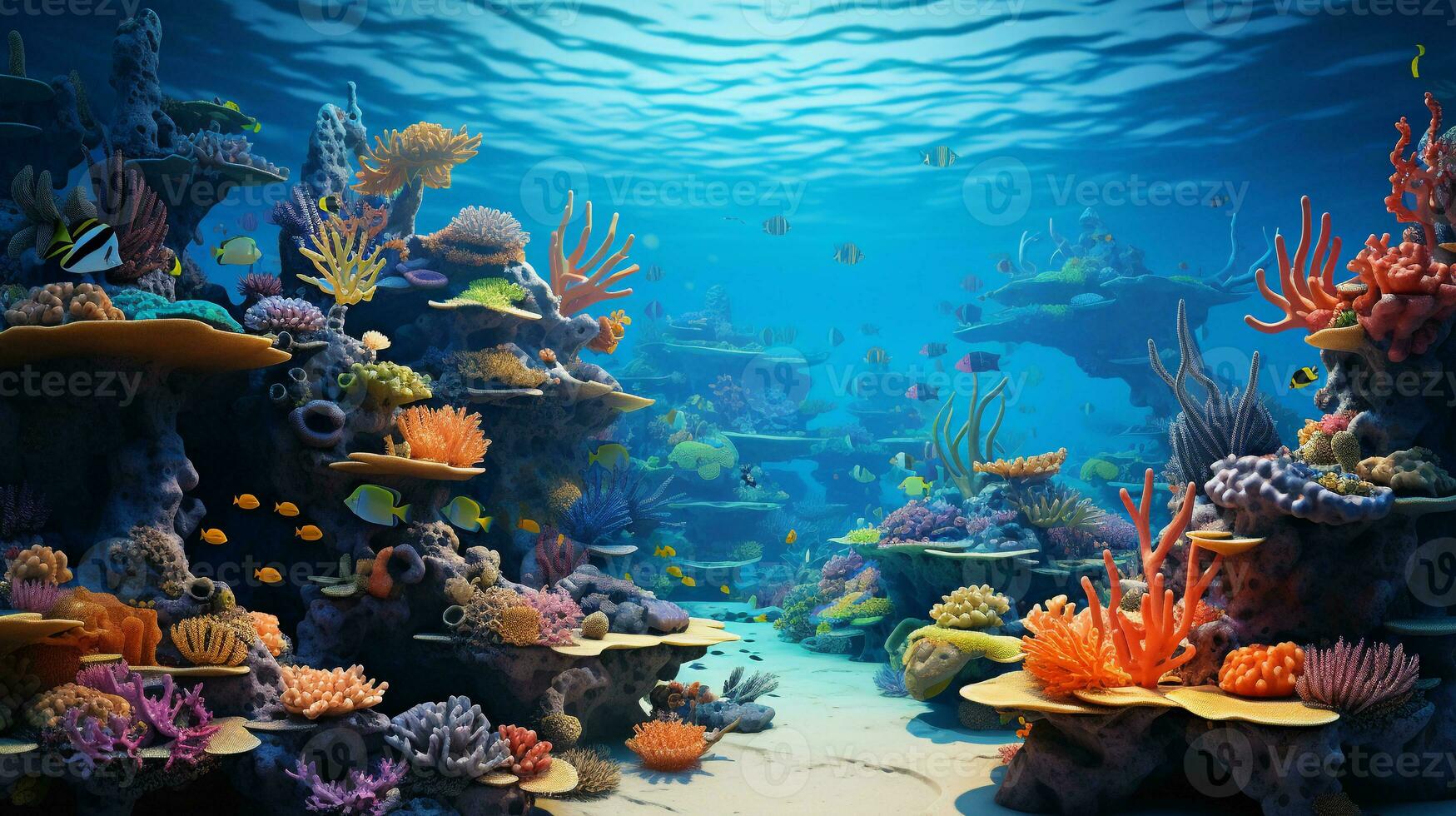 An underwater photograph showcasing colorful coral reefs teeming with marine life with space for text. AI generated photo