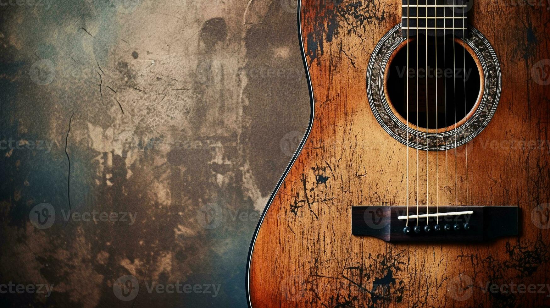 A close-up shot of an acoustic guitar's body and soundhole with space for text, revealing its intricate details, against a textured, aged backdrop. AI generated photo