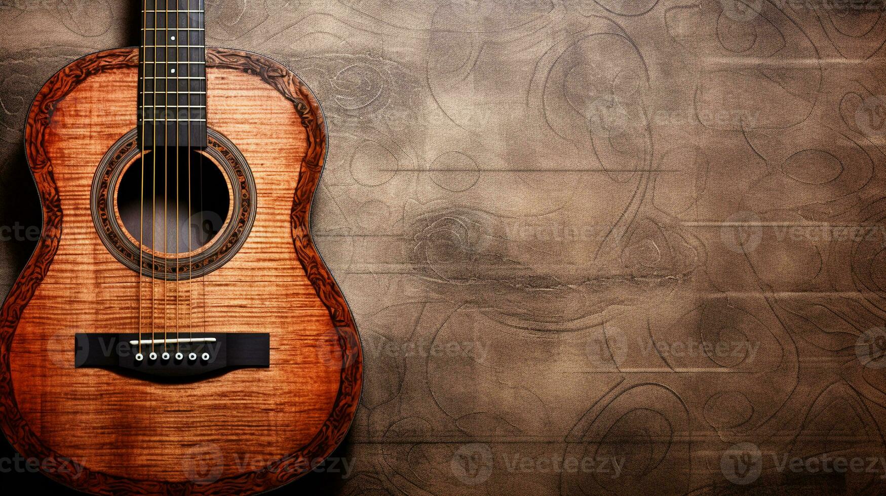 A close-up shot of an acoustic guitar's body and soundhole with space for text, revealing its intricate details, against a textured, aged backdrop. AI generated photo