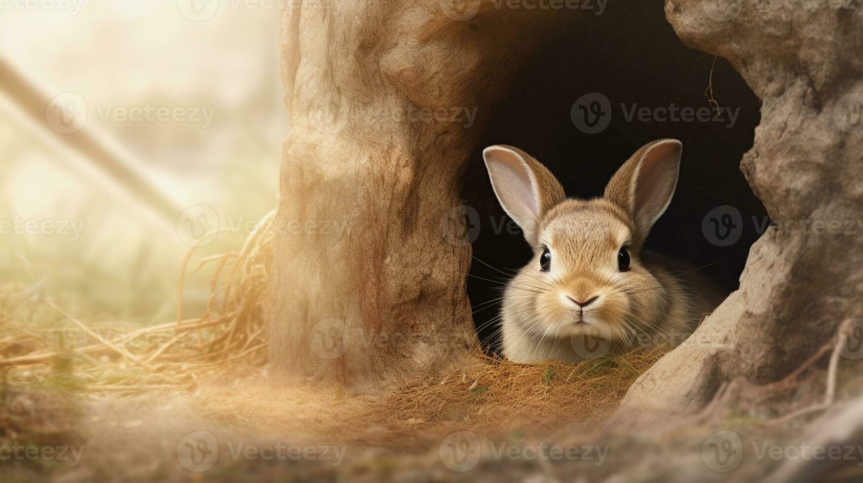 A charming scene of a cute rabbit nestled in a cozy burrow with space for text, with textured earthy tones in the background. AI generated photo