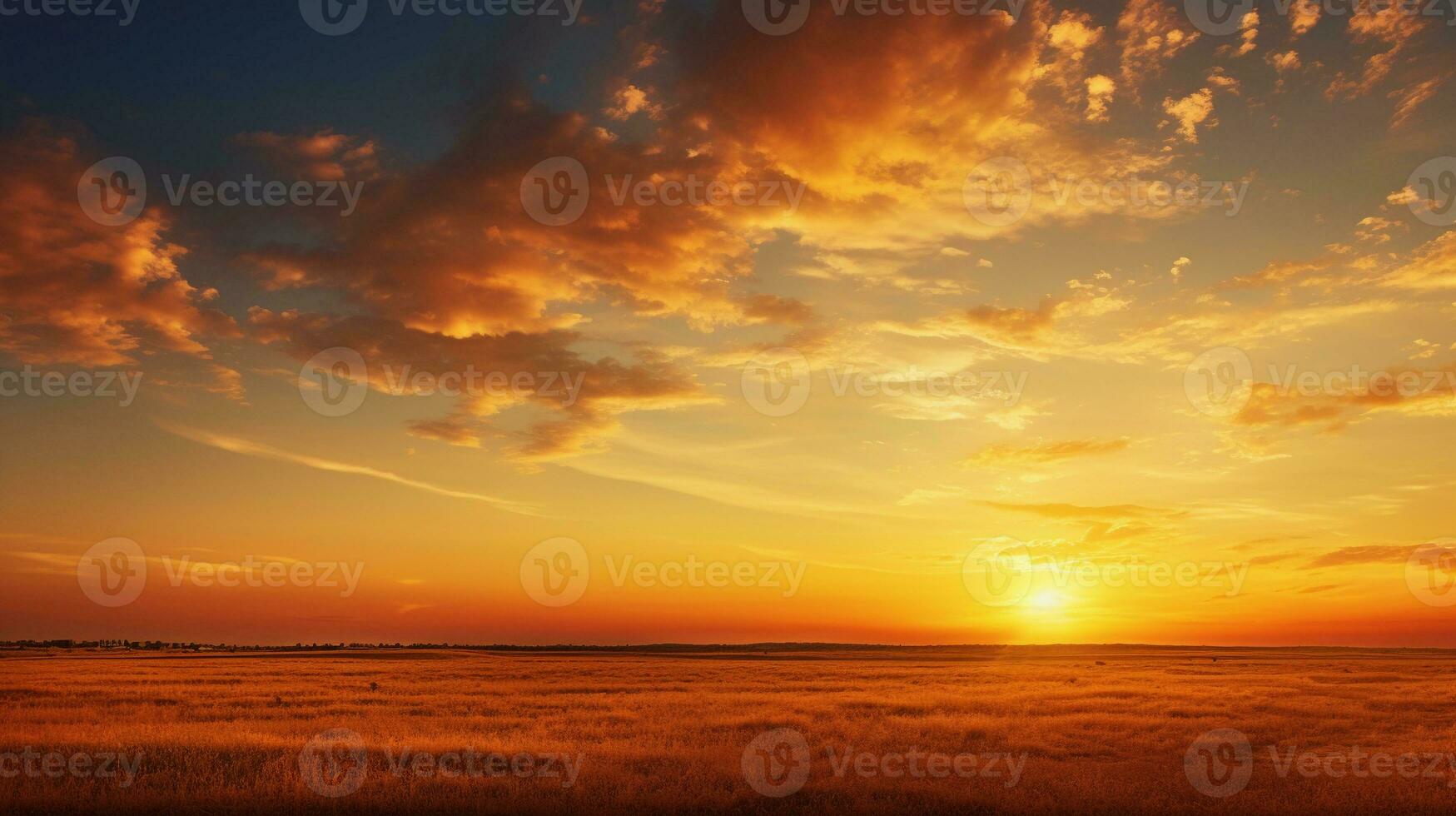 A picturesque sunset scene over a tranquil prairie with space for text, with warm, golden hues, leaving room for text to describe the serenity of the moment. AI generated photo