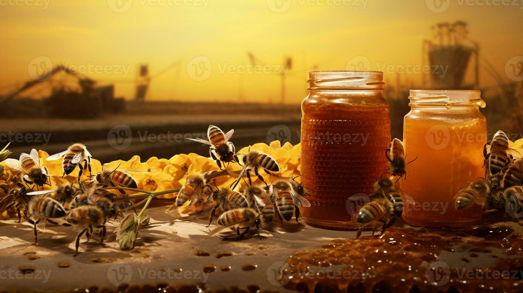 An image illustrating the process of honey extraction by beekeepers with space for text, with honey bees and beehive in the background. AI generated photo