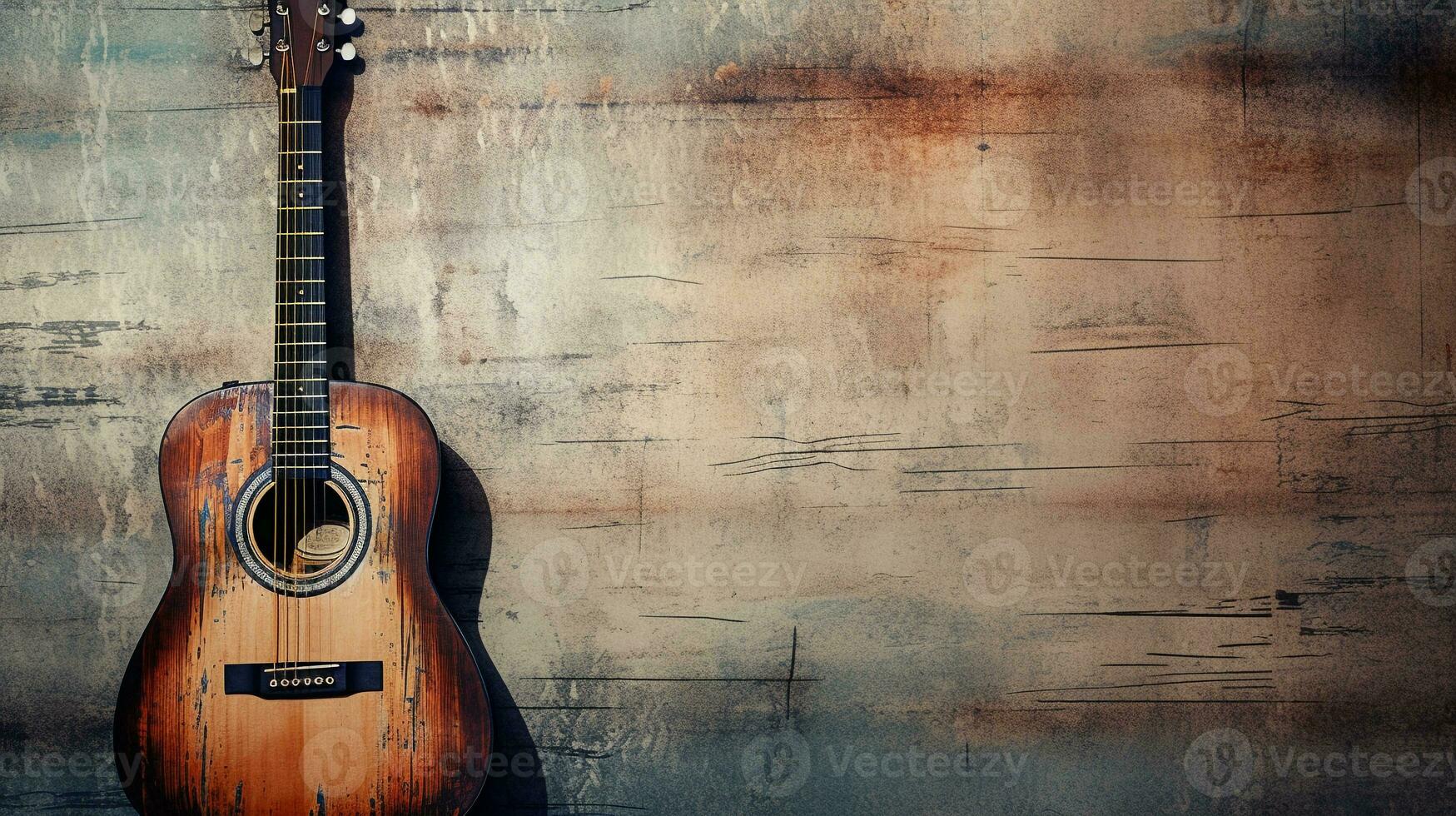 An enchanting scene of an acoustic guitar bathed in soft light against a textured with space for text, serene backdrop, evoking a sense of musical serenity. AI generated photo