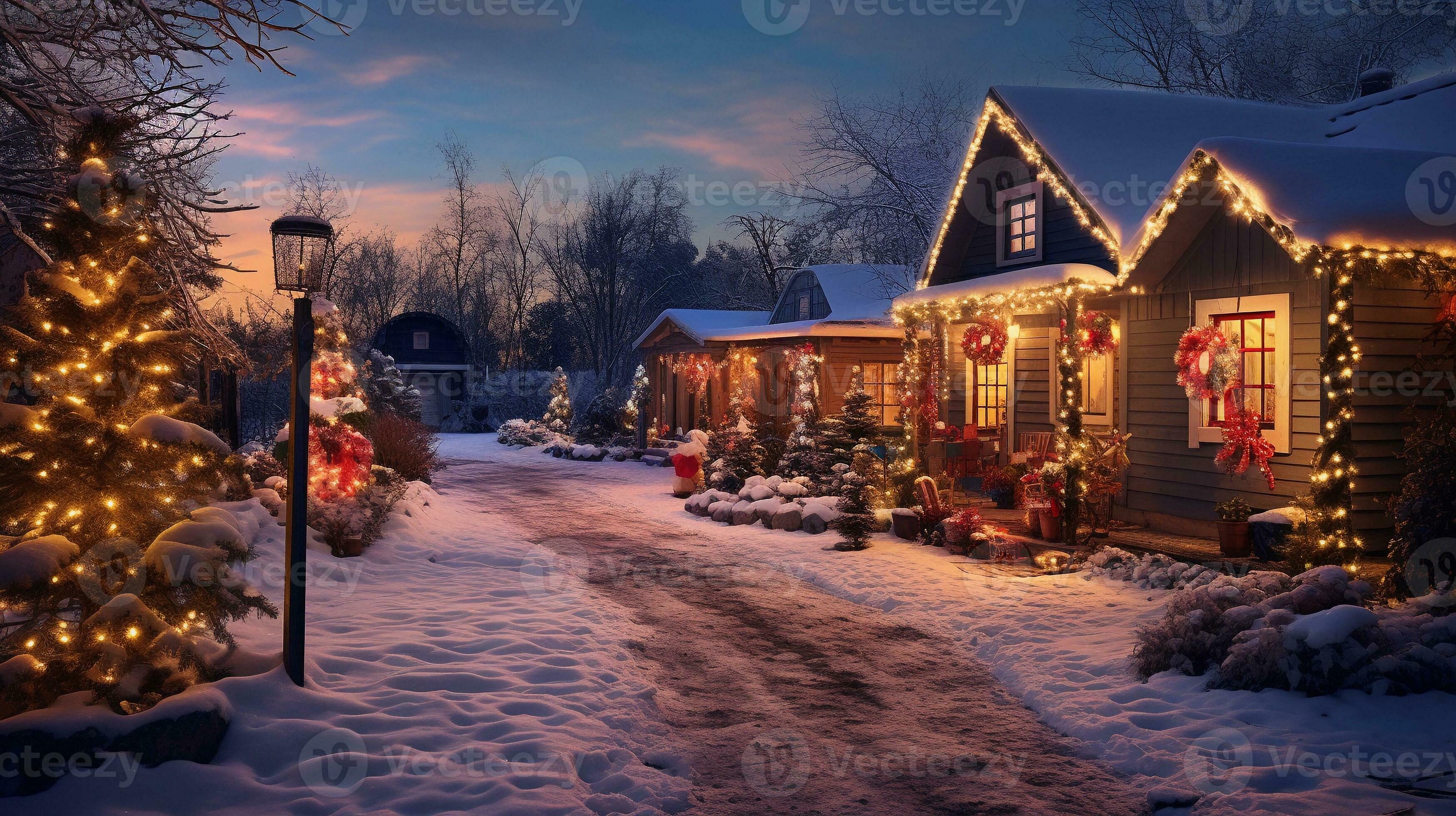 A charming countryside landscape adorned with Christmas lights and