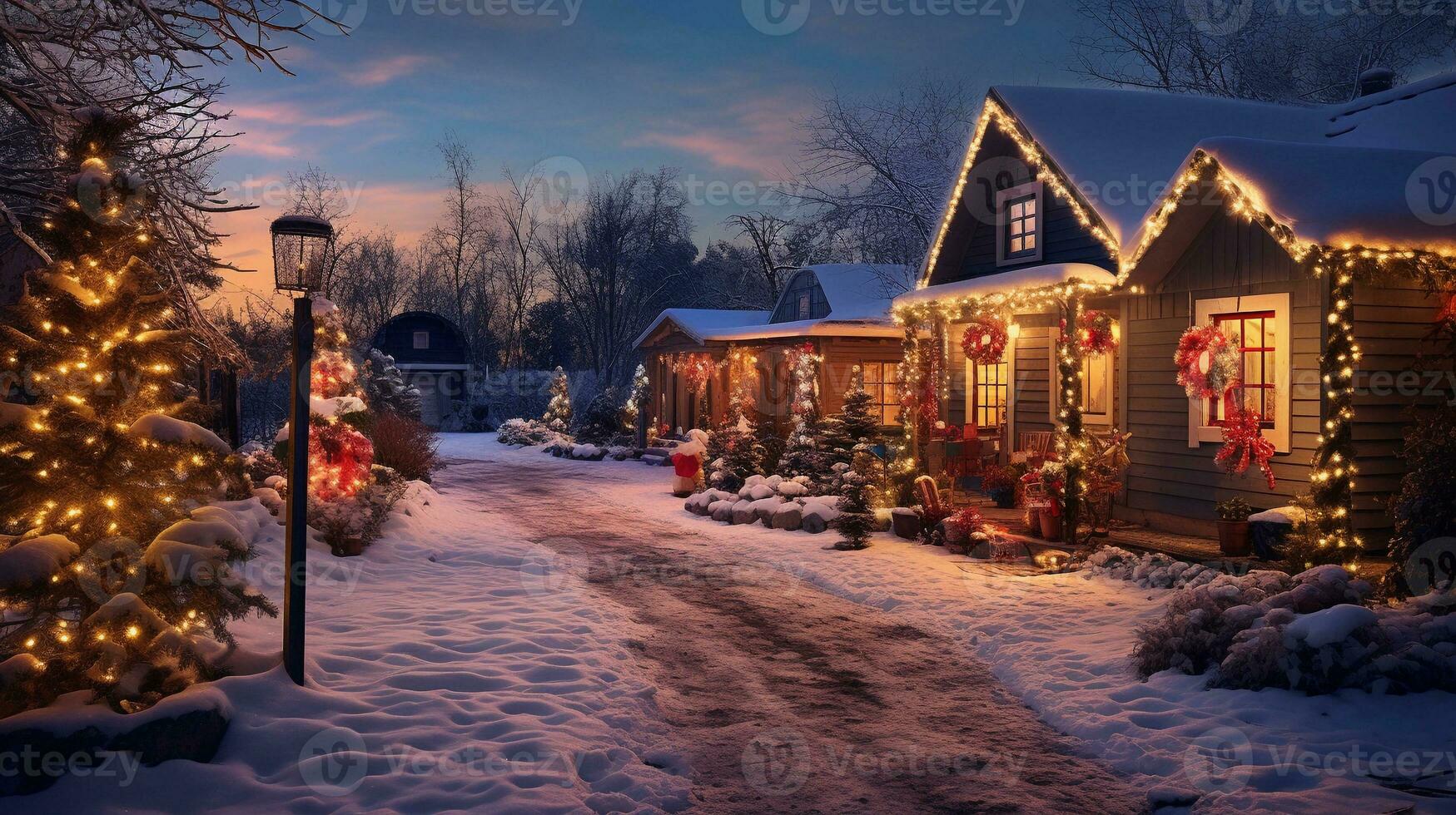 A charming countryside landscape adorned with Christmas lights and