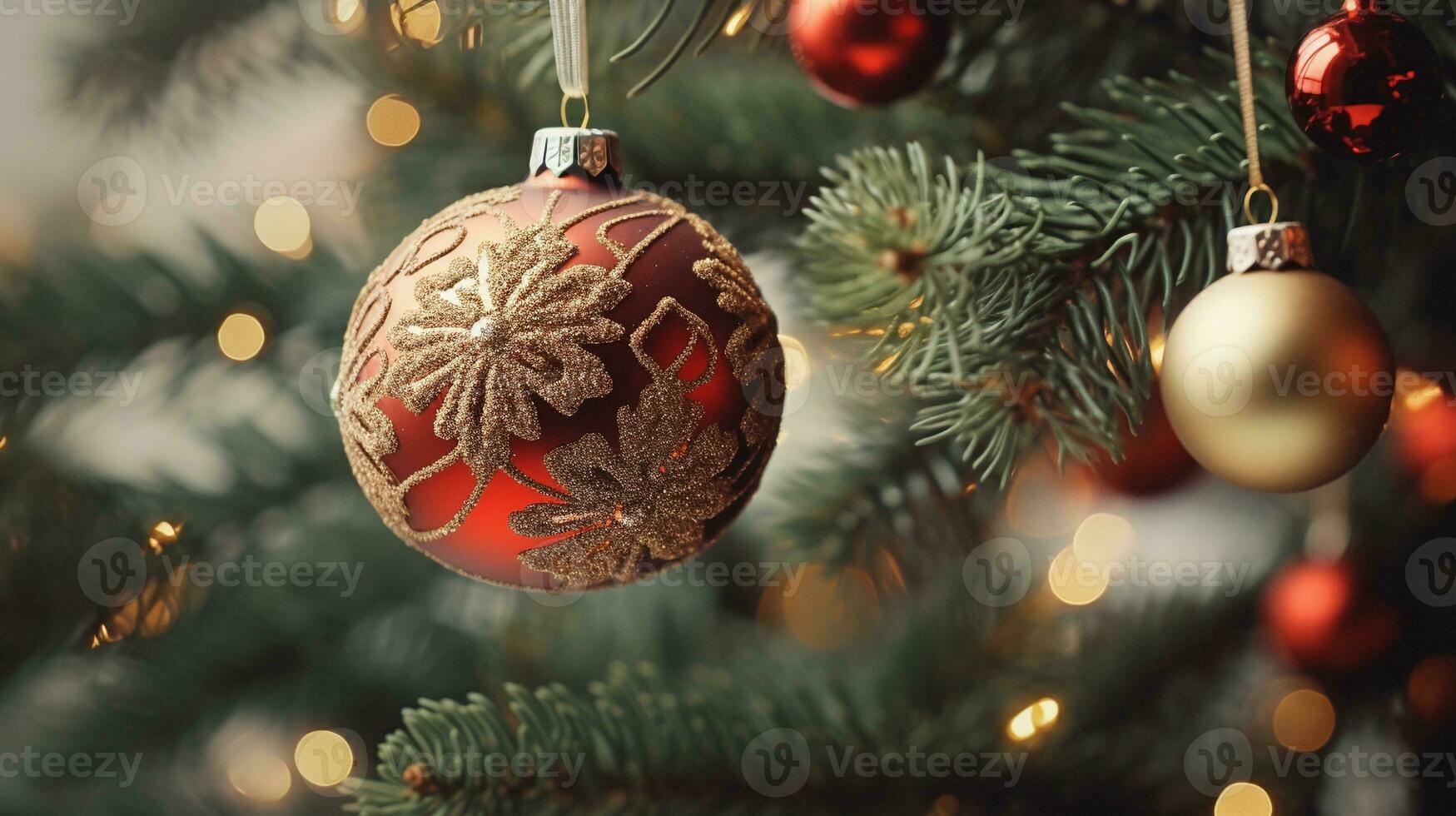 A close-up shot capturing the intricate details of a Christmas tree's decorations against a textured background, allowing text to emphasize the craftsmanship and festive spirit. AI generated photo