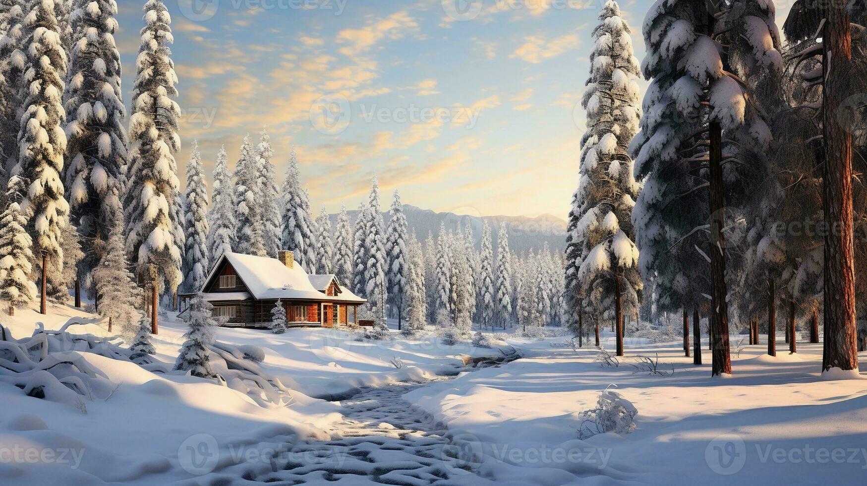 A tranquil, snow-covered landscape featuring a rustic retreat cabin surrounded by tall pine trees. Space for text to describe the peaceful escape and sense of serenity in this winter. AI generated photo