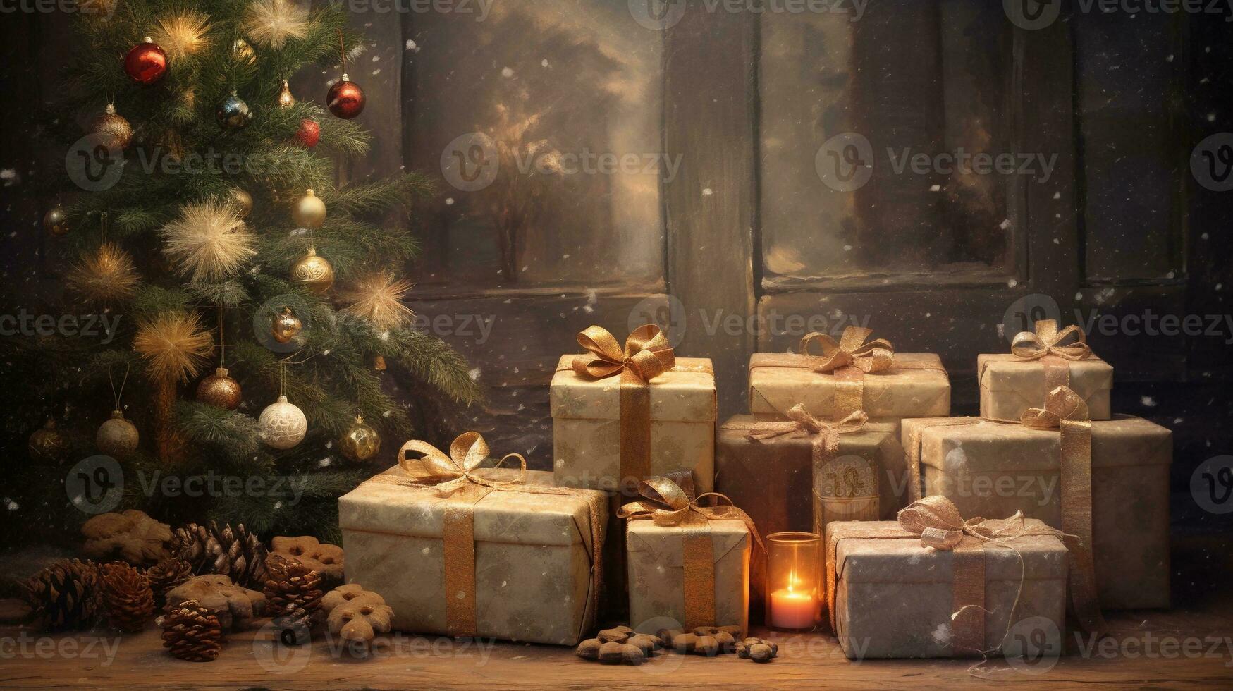 An artistic composition featuring Christmas gifts with textured, rustic accents in the background, creating a cozy and inviting scene for text to describe the anticipation of surprises. AI generated photo