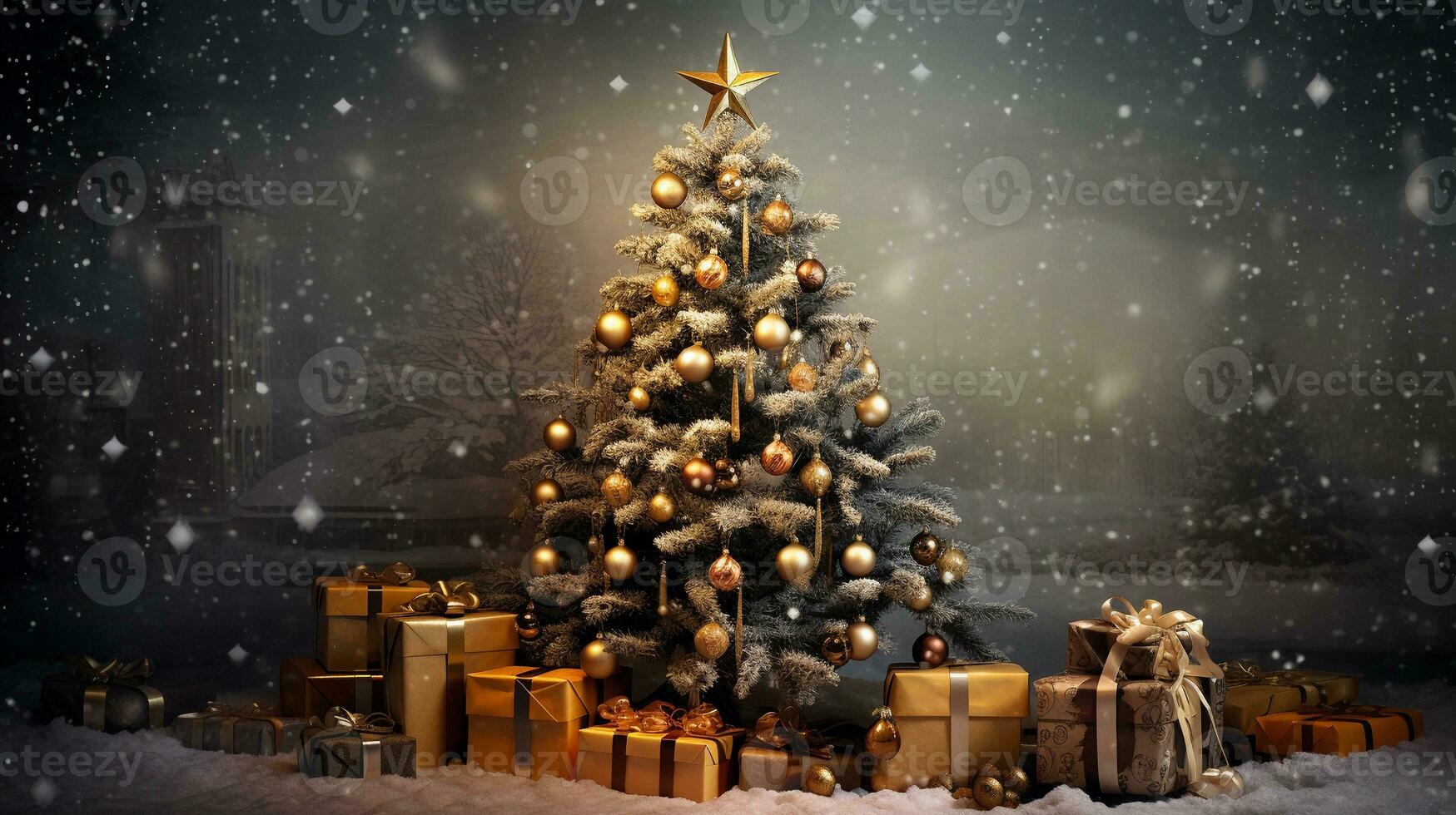 An artistic composition featuring Christmas gifts with textured, rustic accents in the background, creating a cozy and inviting scene for text to describe the anticipation of surprises. AI generated photo