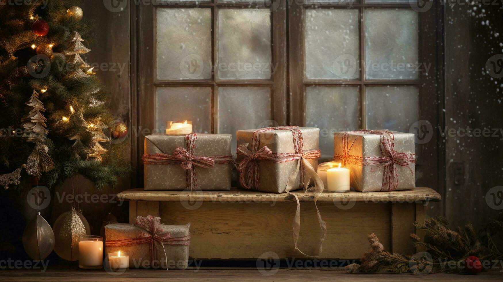 An artistic composition featuring Christmas gifts with textured, rustic accents in the background, creating a cozy and inviting scene for text to describe the anticipation of surprises. AI generated photo