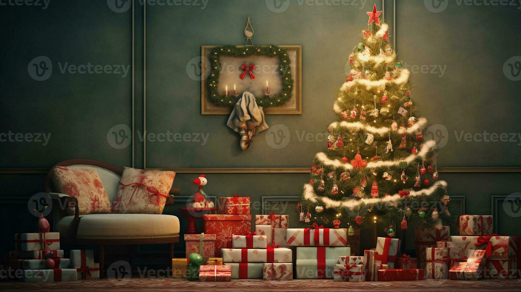 An artistic composition featuring Christmas gifts with textured, rustic accents in the background, creating a cozy and inviting scene for text to describe the anticipation of surprises. AI generated photo
