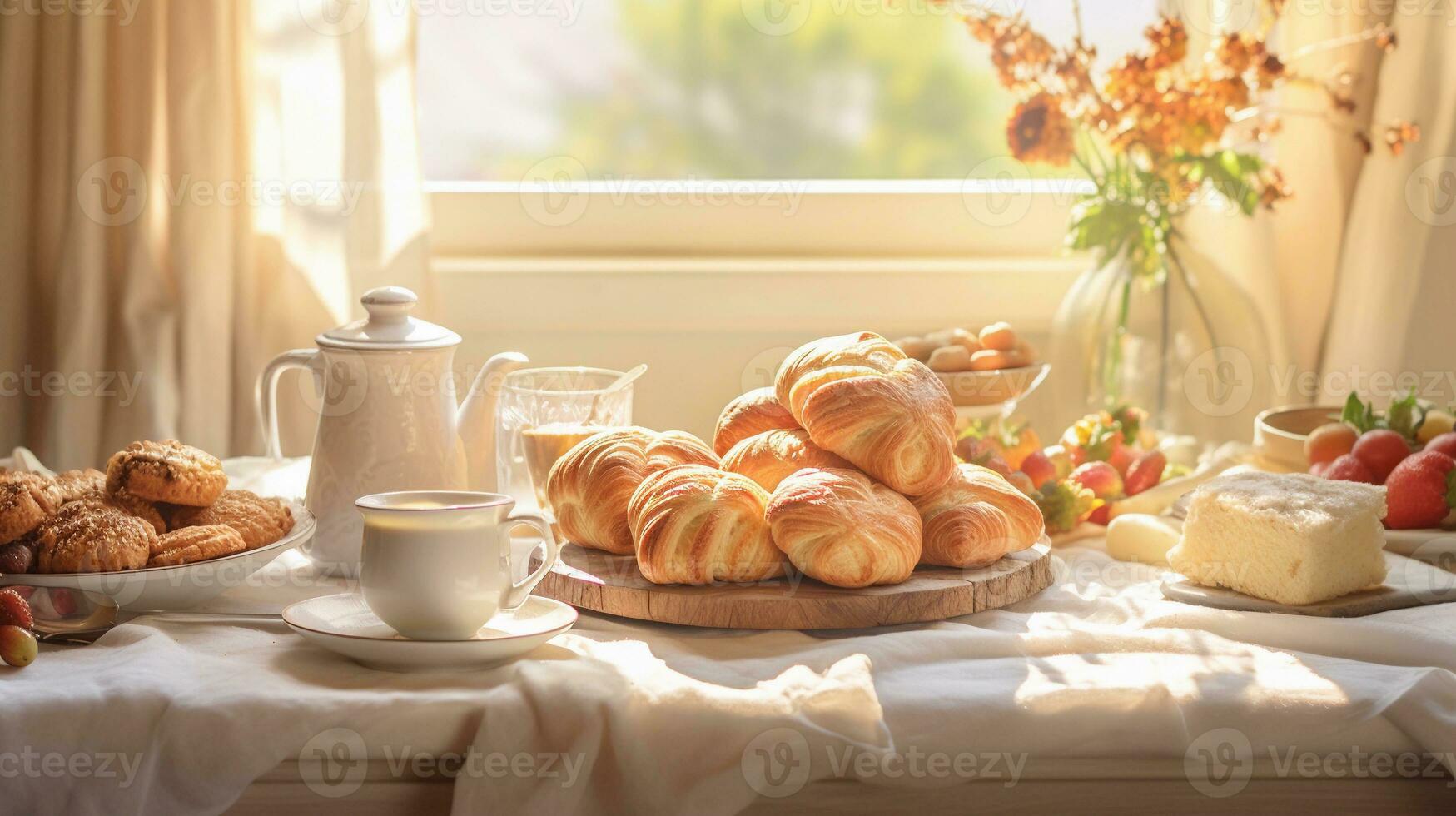 An image of a breakfast table adorned with bread, pastries, and morning light filtering through soft pastel curtains. AI generated photo