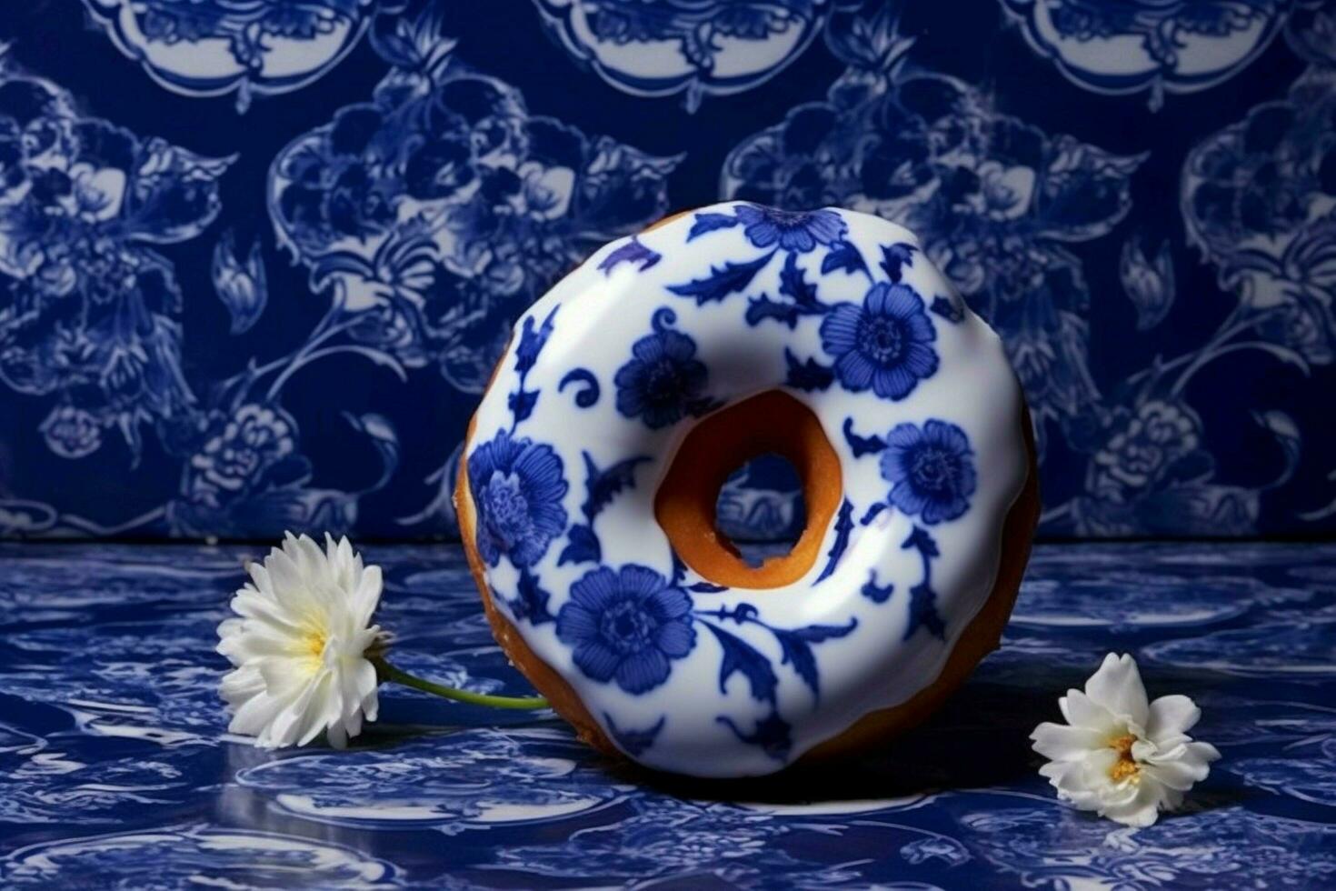 blue delft floral print donut icing food photograph photo