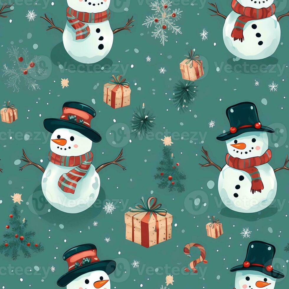 A vintage playful art design of christmas snowman seamless pattern, cartoon style, watercolor style, AI generated photo