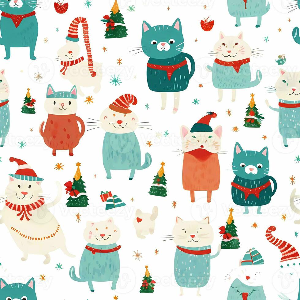 A vintage playful art design of christmas cats seamless pattern, cartoon style, watercolor style, AI generated photo