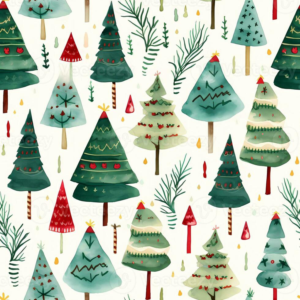 A vintage playful art design of christmas trees and decorations pattern, cartoon style, watercolor style, seamless pattern, AI generated photo