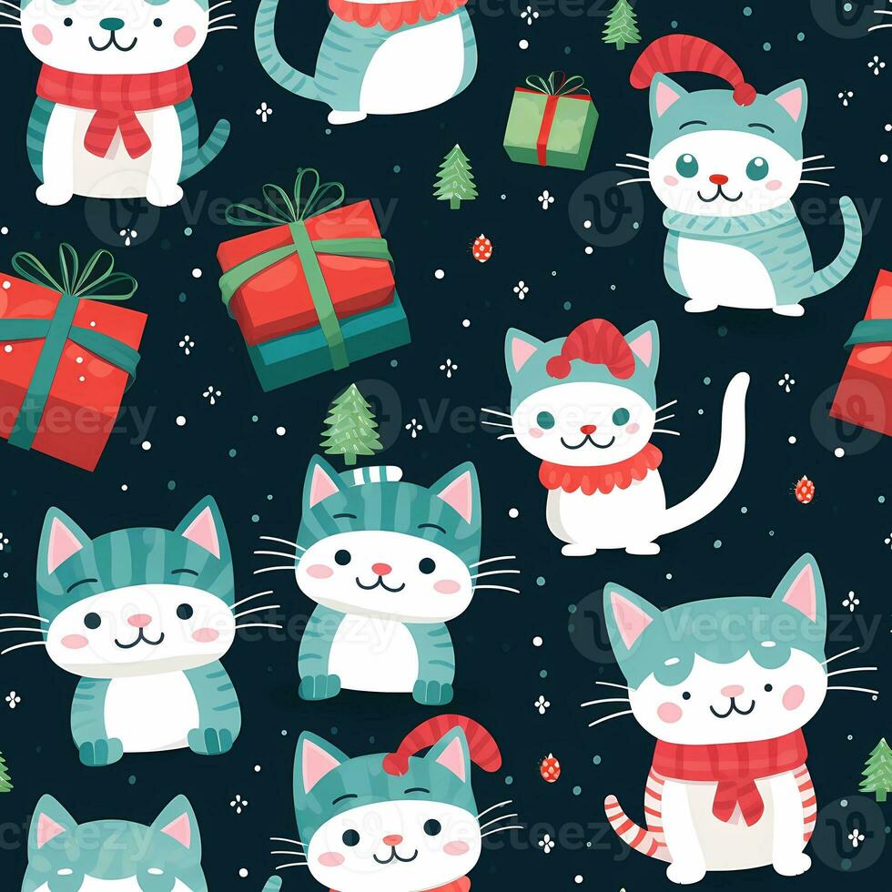 un Clásico juguetón Arte diseño de Navidad gatos sin costura patrón, dibujos animados estilo, acuarela estilo, ai generado foto