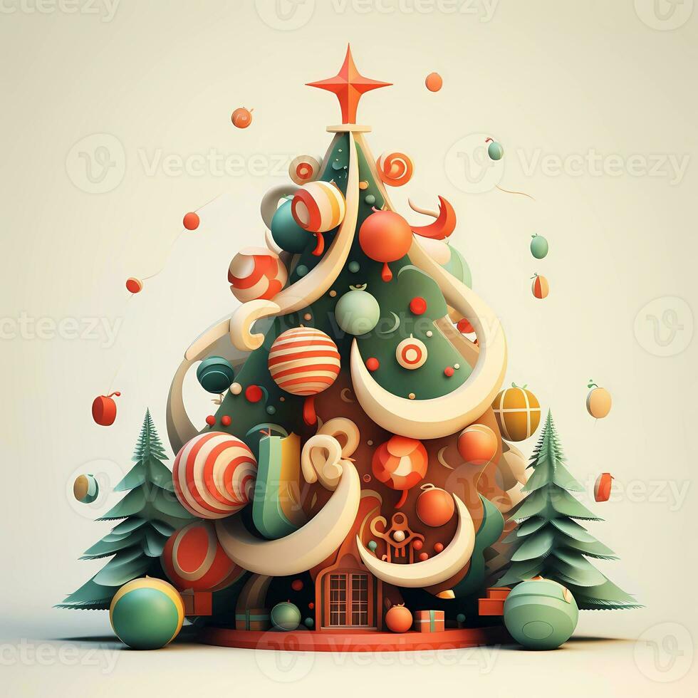 A vintage playful vector art design of a christmas trees and decorations, cartoon style, clean pastel background, AI generated photo