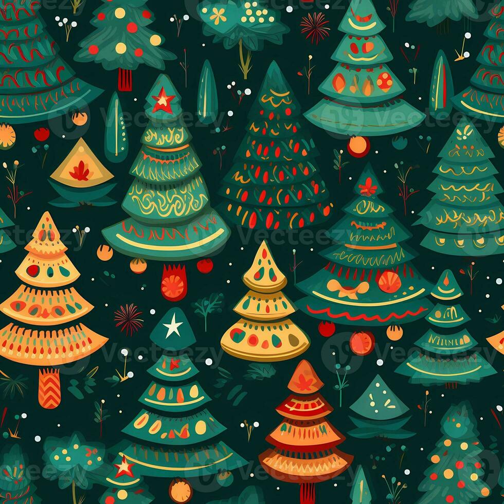 A vintage playful vector art design of christmas trees and decorations pattern, cartoon style, AI generated photo