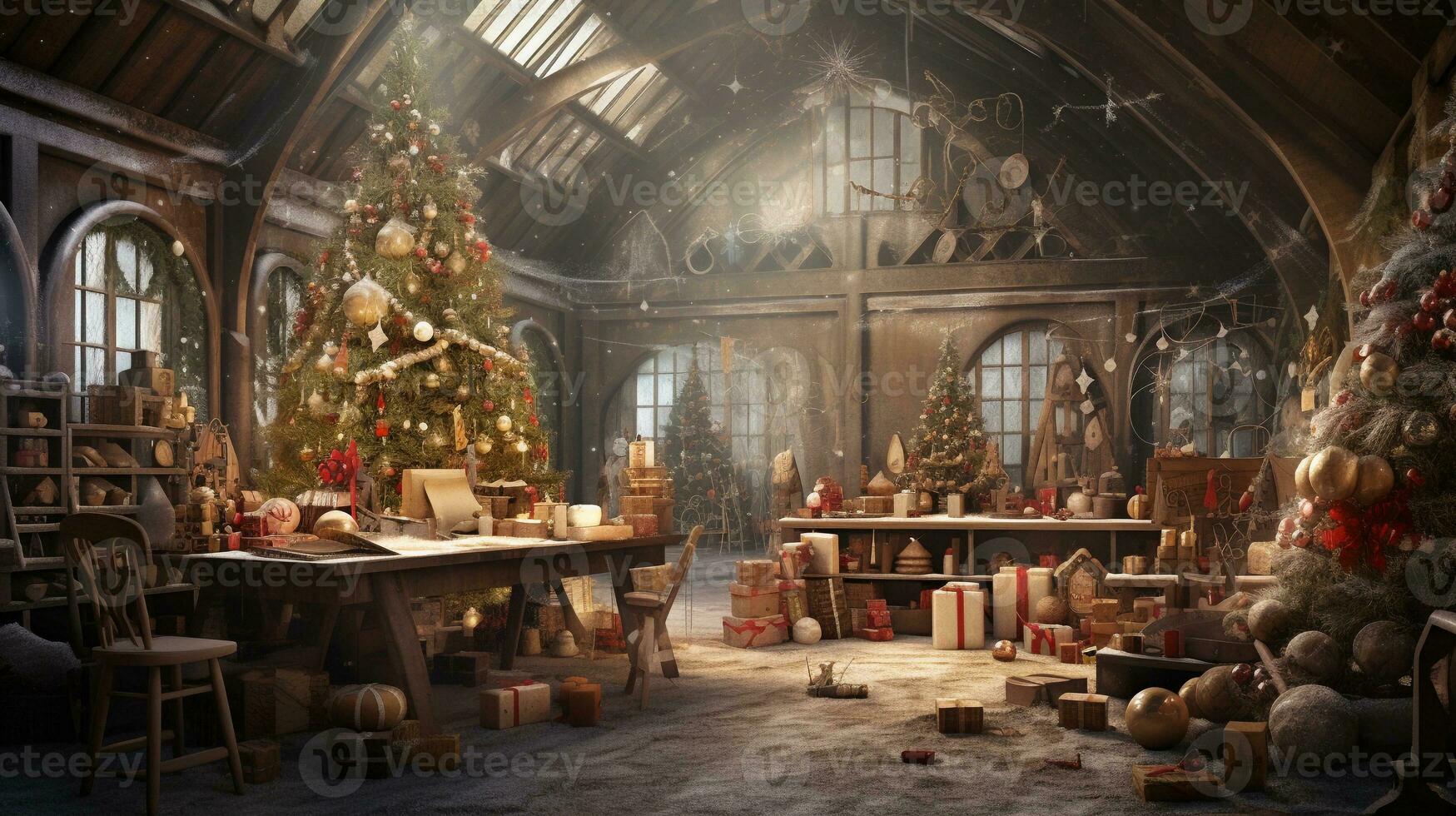 An enchanting scene of a Christmas crafting workshop filled with creativity and festive spirit, with textured decorations in the background, providing designated areas for text. AI generated photo